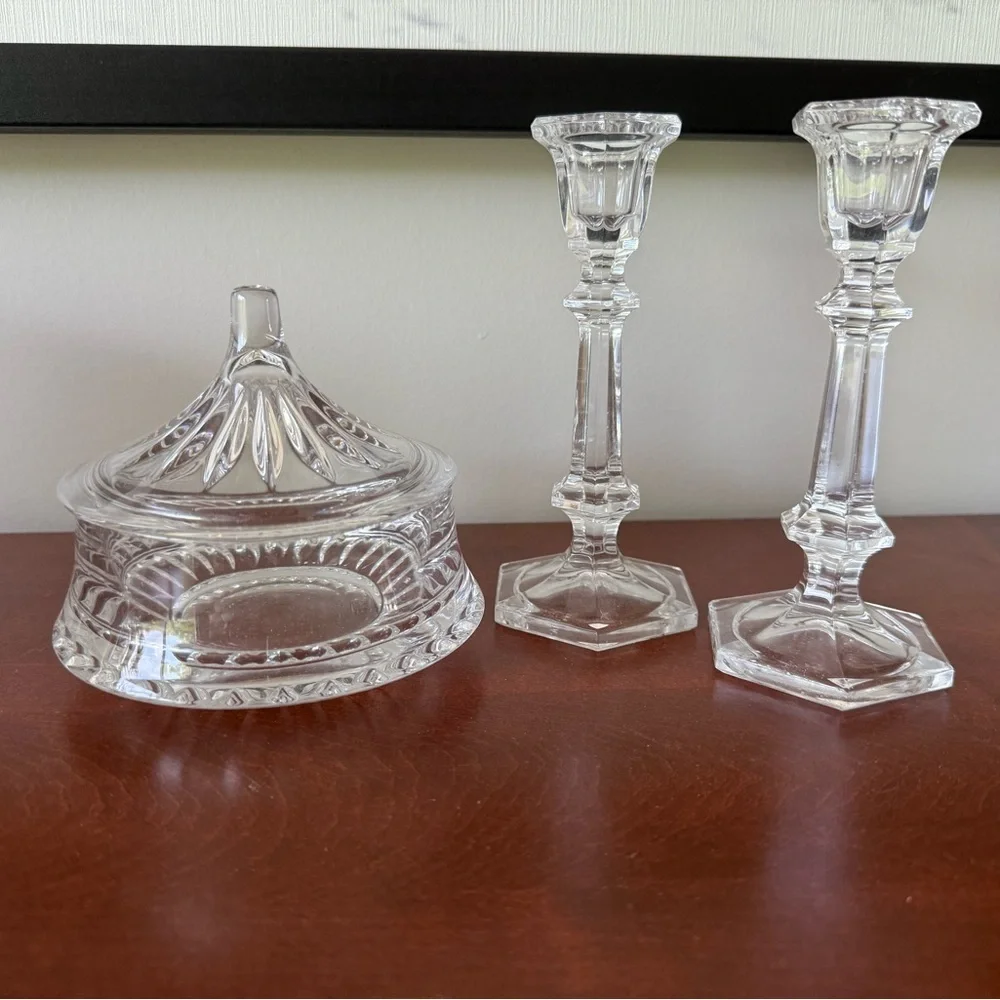 Beautiful‎ vintage glass pieces: canister and two candlestick holders